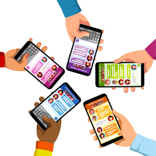 手输入新的信息使用电话聊天短信应用程序。五人群聊天发送短信手持移动智能手机。集体交流。平面样式矢量剪贴画图片下载