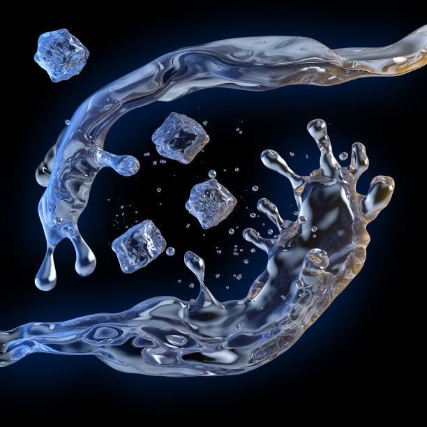 水滴和冰块飞溅在黑色背景上。三维演示图片下载