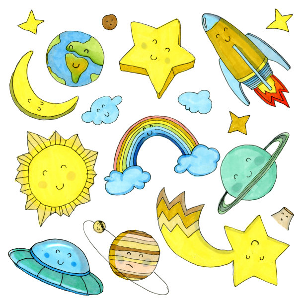 水彩插图孤立的白色背景。儿童风格的空间设置。图片下载