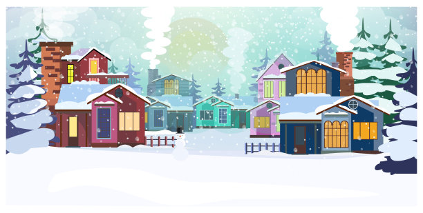 乡村景色与村舍和冷杉树矢量插图图片下载