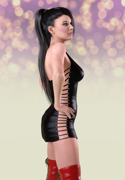 美丽的女人与马尾辫发型在性感的皮衣图片下载