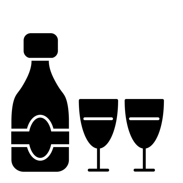 香槟瓶与两个玻璃杯固体图标。庆祝瓶和眼镜矢量插图孤立在白色。玻璃雕文风格设计，专为网页和应用设计。Eps 10。图片下载