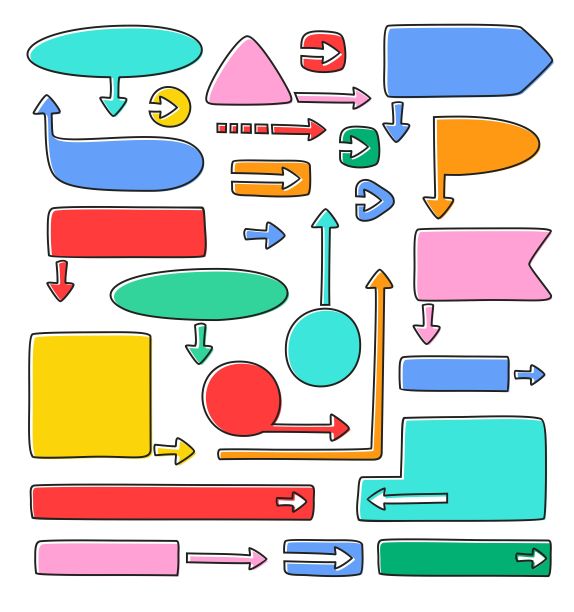 箭头和框架，颜色，黑色轮廓，白色背景，矢量。图片下载
