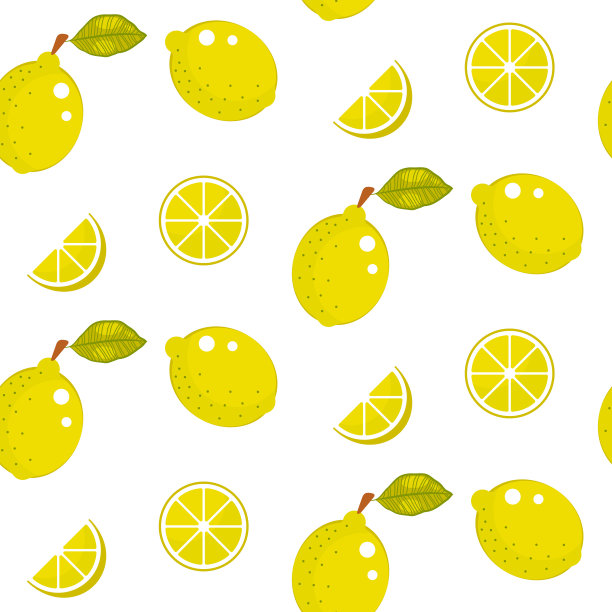 白色背景上的绿色叶子的柠檬。柑橘黄色无缝矢量模式图片下载