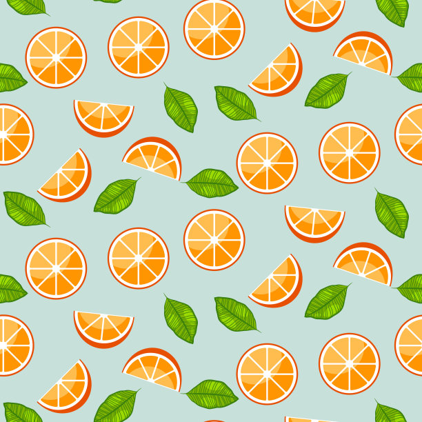 橙色的柑橘类，绿色的叶子，蓝色的背景。无缝矢量模式图片下载