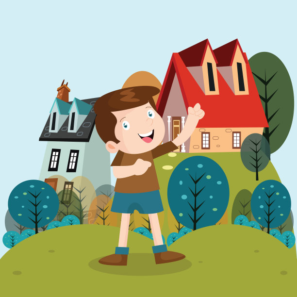 可爱的小男孩看起来很开心，正站在草甸山附近的房子，卡通人物图片下载