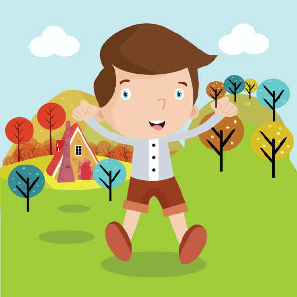 可爱的小男孩站在绿色的草地上摆姿势，看起来很开心，是卡通人物图片下载