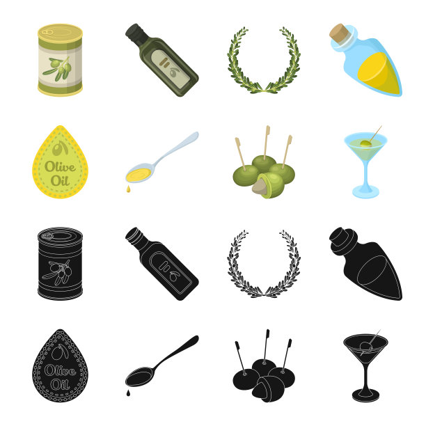 标签上有橄榄油，有滴的勺子，棍子上有橄榄，一杯酒。橄榄集合图标在黑色，卡通风格向量符号股票插图网。图片下载