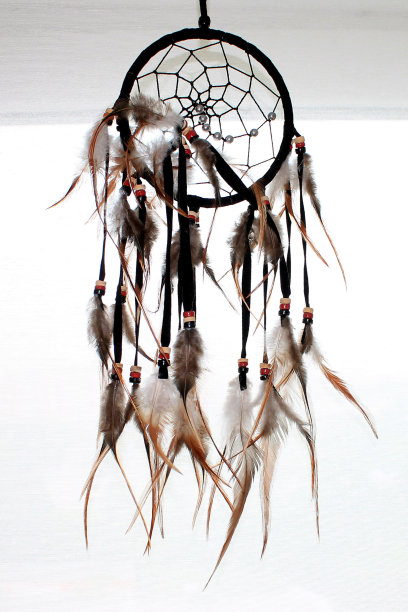 捕梦网用羽毛、线和珠子绳挂着。追梦人手工制作的。图片下载