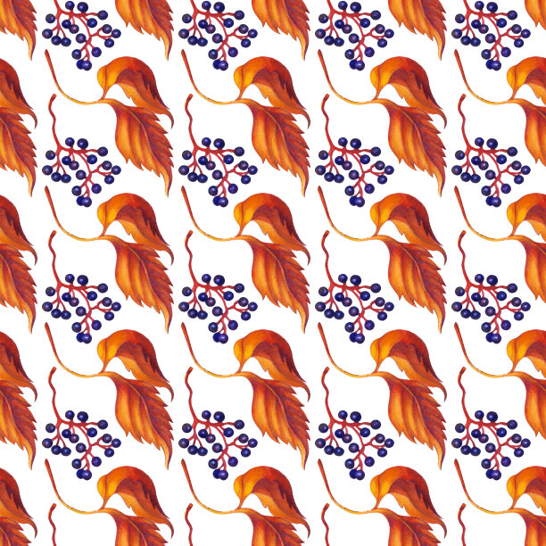 无缝水彩画图案与秋叶和浆果图片下载