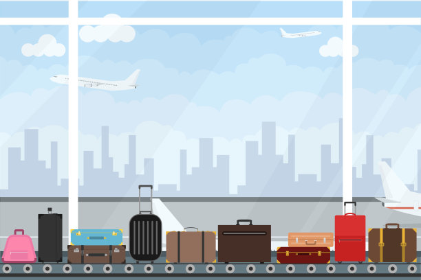 在机场传送带上放行李。机场候机楼有窃听器的带子。平面设计，矢量插图，矢量。图片下载