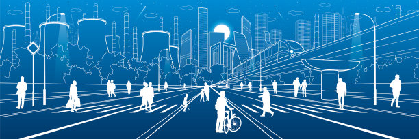 城市城市基础设施插图。人们走在街上。现代的城市。火车在桥上行驶。照亮的公路。工厂火力发电厂。单轨的道路。矢量设计艺术图片下载