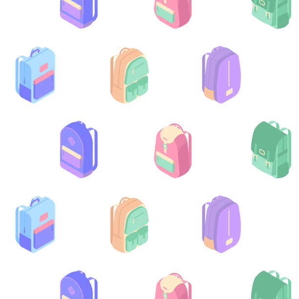 背包无缝模式与彩色等距书包孤立在白色背景。回到学校矢量等距概念插图在平面设计。图片下载