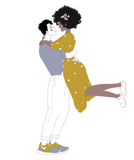 彩色的图画，幸福的拥抱浪漫的夫妇穿着时髦的衣服。男人拥抱女人，把她抱起来。一对拥抱的年轻人。手绘插图横幅，海报。图片下载