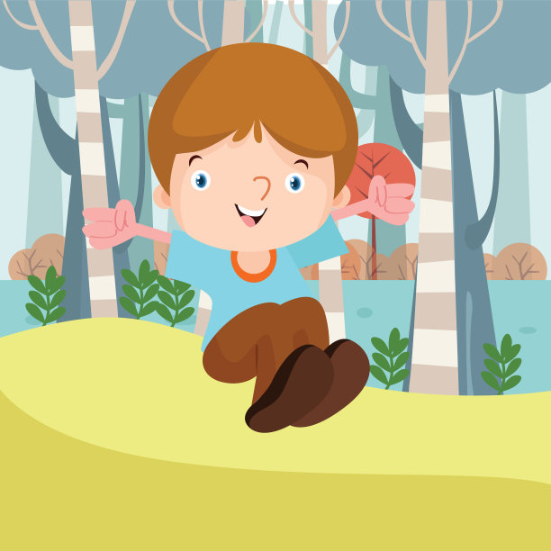 可爱的小男孩看起来兴高采烈的在森林里蹦蹦跳跳，卡通人物图片下载