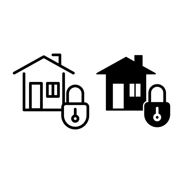 家庭安全线稿和实体图标：带锁的房屋矢量插图图片下载