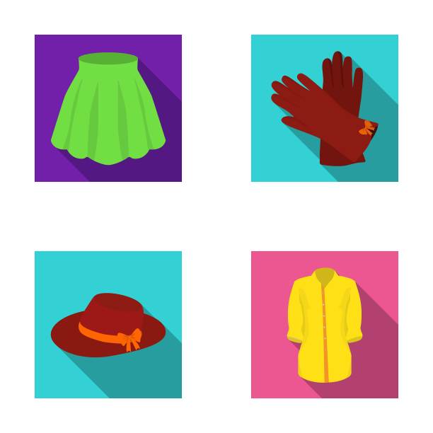 褶裙，皮手套，带蝴蝶结的女帽，衬衫系扣。女装集合图标在平面风格向量符号股票插图web图标。图片下载