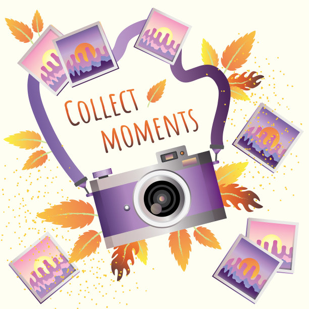 带有橙色树叶和风景照片的复古紫色相机图片下载