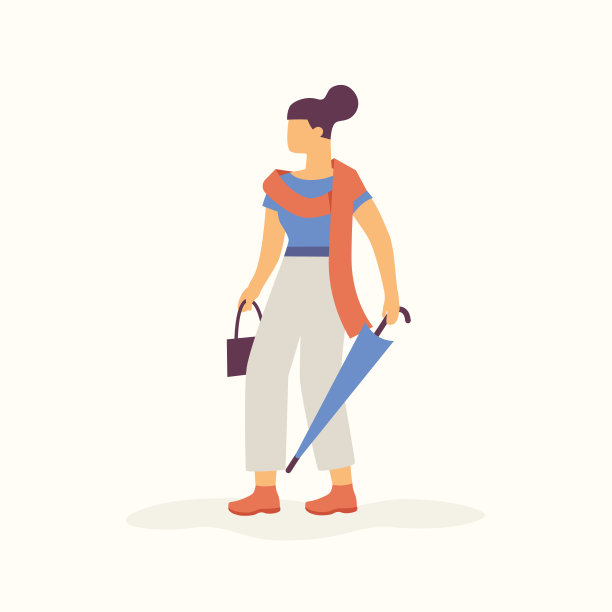 在温暖的秋天天气里，现代时尚的年轻女子带着折叠的雨伞和围巾散步。秋季概念矢量平面插图。图片下载