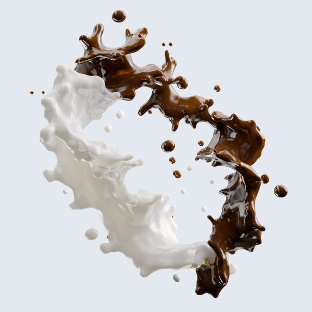 巧克力和牛奶飞溅，液滴分离。三维演示图片下载