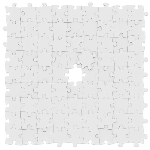 拼图方块模型背景在白色的中心未完成，3D渲染图像图片下载