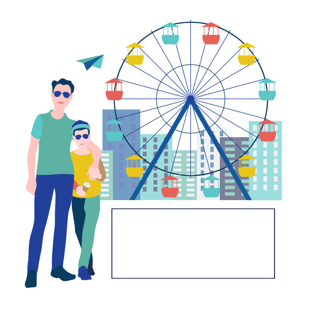 父亲和儿子在游乐园。平的风格。图片下载