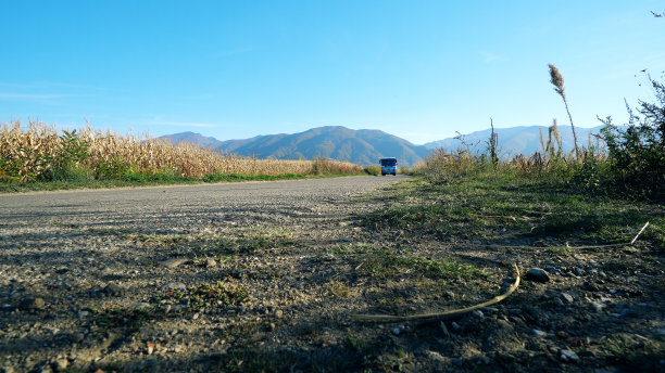 一辆老式面包车驶过一条乡村公路图片下载