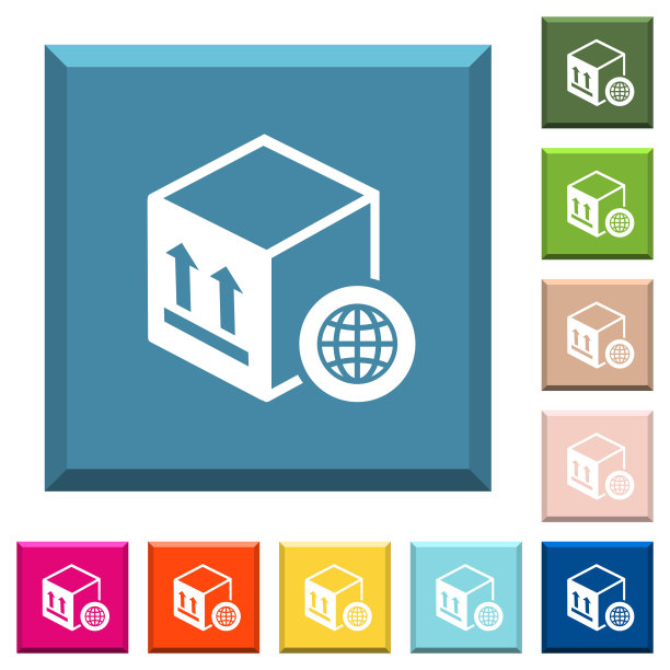 世界范围内包装运输的白色图标上有边的方形按钮图片下载