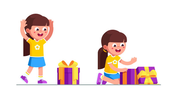 兴奋的学前班女孩发现和打开生日礼物盒与缎带蝴蝶结。快乐的童年假期。儿童卡通人物平面矢量剪贴画插图。图片下载