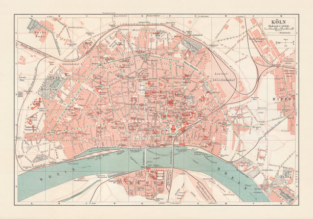 德国北莱茵-威斯特伐利亚的科隆城市地图，平版印刷，1897年出版图片下载