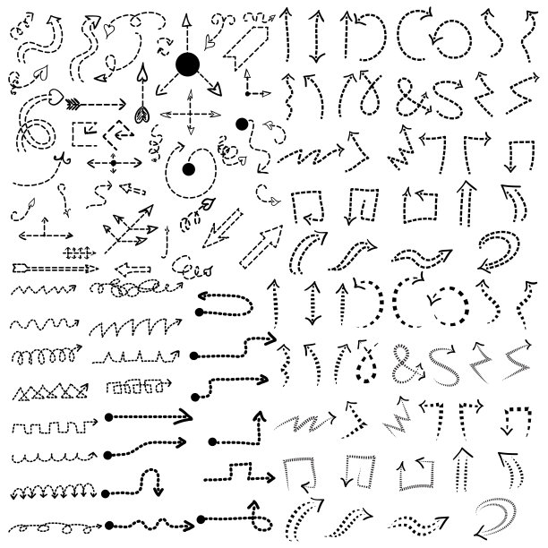 涂鸦箭头图标设置螺旋，方形，圆形和三角形的方向，形状。白色背景。矢量插图。图片下载