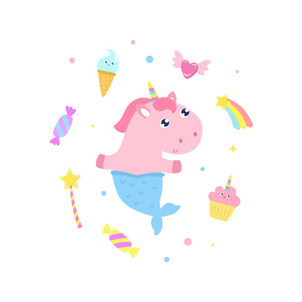 可爱的独角兽美人鱼和魔法物品矢量插图。图片下载