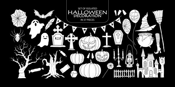 一套白色剪影万圣节装饰。图片下载