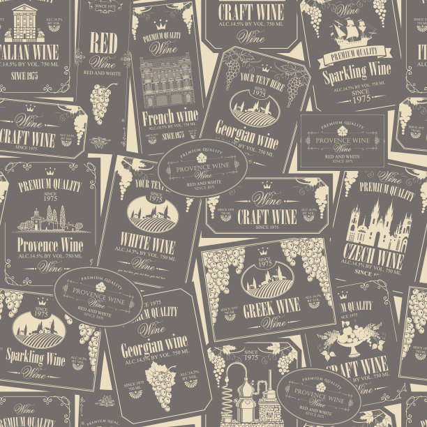 矢量无缝模式与各种葡萄酒标签图片下载