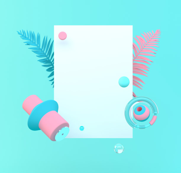 3d渲染插图与几何形状和树叶。柔和的颜色用于文本或产品展示。图片下载