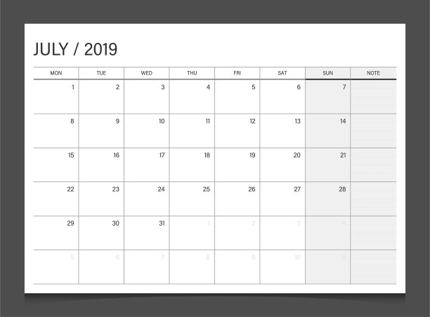 2019年日历计划7月周开始周一企业设计模板矢量。图片下载