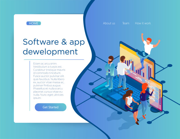开发软件和移动应用程序。网站的布局。不同的专家都在研究这个产品。等距3d插图图片下载