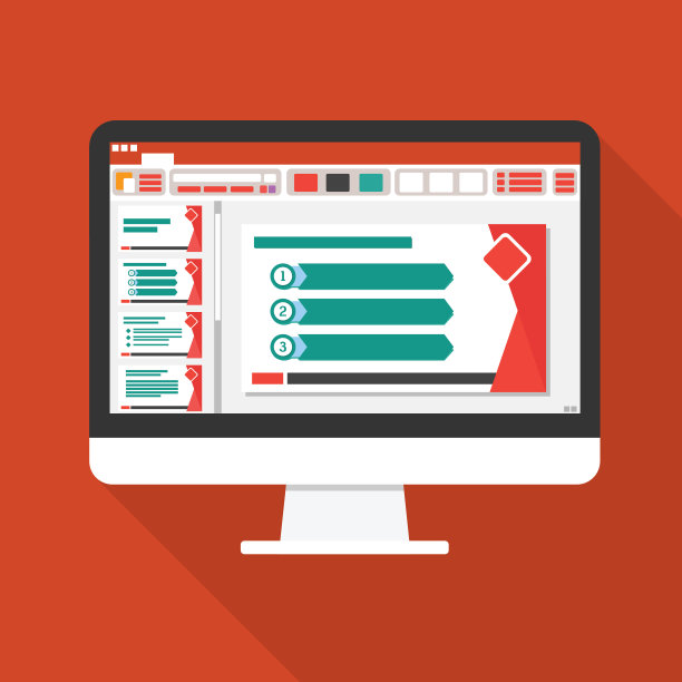 幻灯片演示在电脑屏幕上的平面图标。业务报告的概念。办公室事务的计划和会计，分析，审计，项目管理，市场营销，研究矢量插图。图片下载