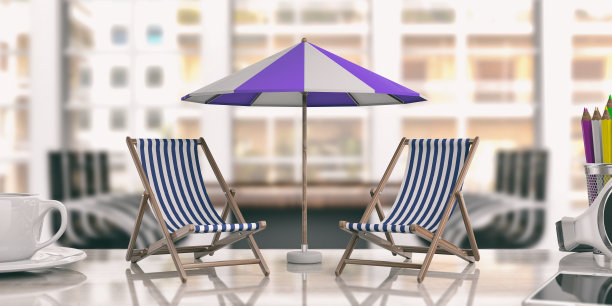 书桌上放着躺椅和雨伞。三维演示图片下载