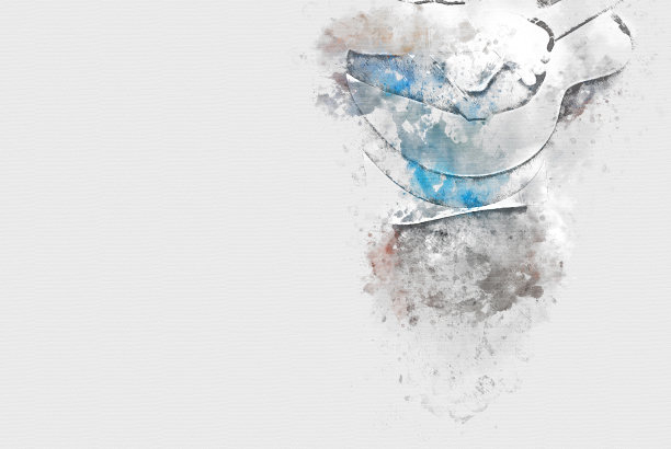 抽象美丽的弹吉他在前景上的水彩画背景和数字插图的笔刷艺术。图片下载