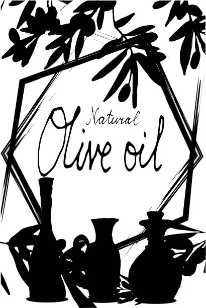 以橄榄树的树枝和装油的瓶子为背景，用几行线构成的框架。白色上的黑色轮廓。空间的文本。矢量手绘插图。图片下载