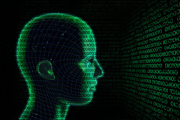 侧视图未来人工智能机器人的脸和数字数据0和1的数据背景，3D渲染。图片下载