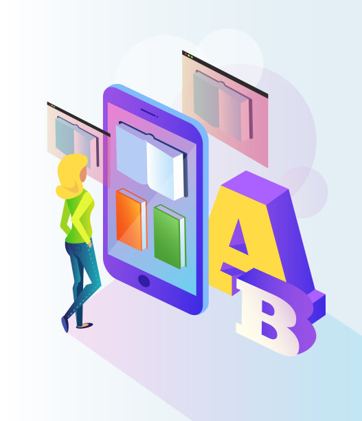 女学生在智能手机屏幕上阅读电子书。在线网络图书馆课程教育文档学习。矢量平面卡通孤立概念横幅等距插图图片下载