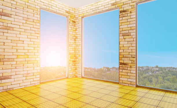 有木桌的会议室。3 d渲染。空白的房间。日落。图片下载