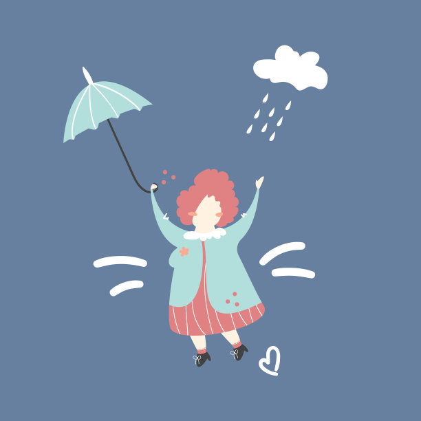 带着一把伞的粉色头发的角色。矢量平面风格插图孤立在蓝色背景。图片下载