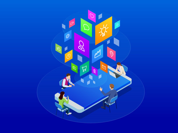 等距业务团队一起讨论报告，销售，目标，市场，概念。Wifi连接人在酒吧桌子会议矢量插图。素材图片