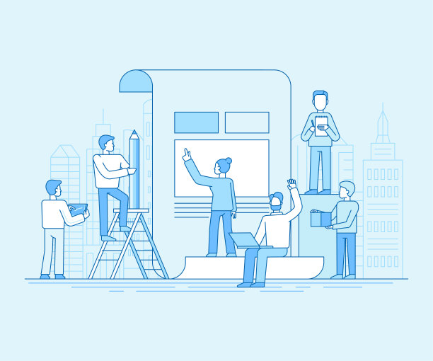 矢量插图在平面线性风格和蓝色-团队合作的概念图片下载