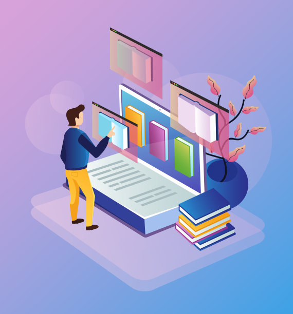 在笔记本电脑上选择书籍的人，阅读指导设备，小工具，个人电脑。在线网络电子书图书馆教育数据库文献学习。矢量等距平面卡通孤立概念横幅插图素材图片