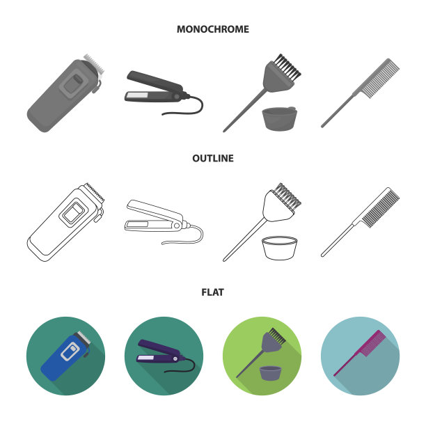 修剪，染发，梳理，拉直。发型师集图标在平面，轮廓，单色风格向量符号股票插图网。图片下载