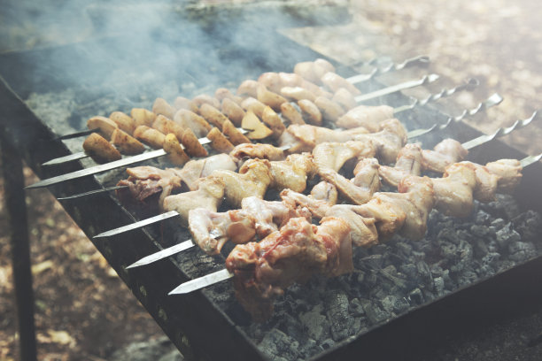 牛排烤肉串在火焰烧烤上烹饪图片下载